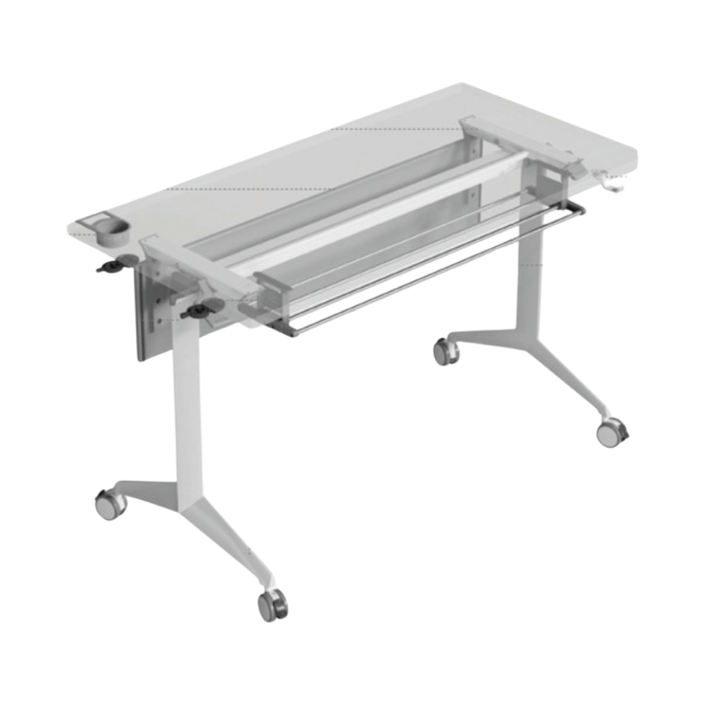 Mesa modular Noam plegable sobre ruedas con estructura de metal