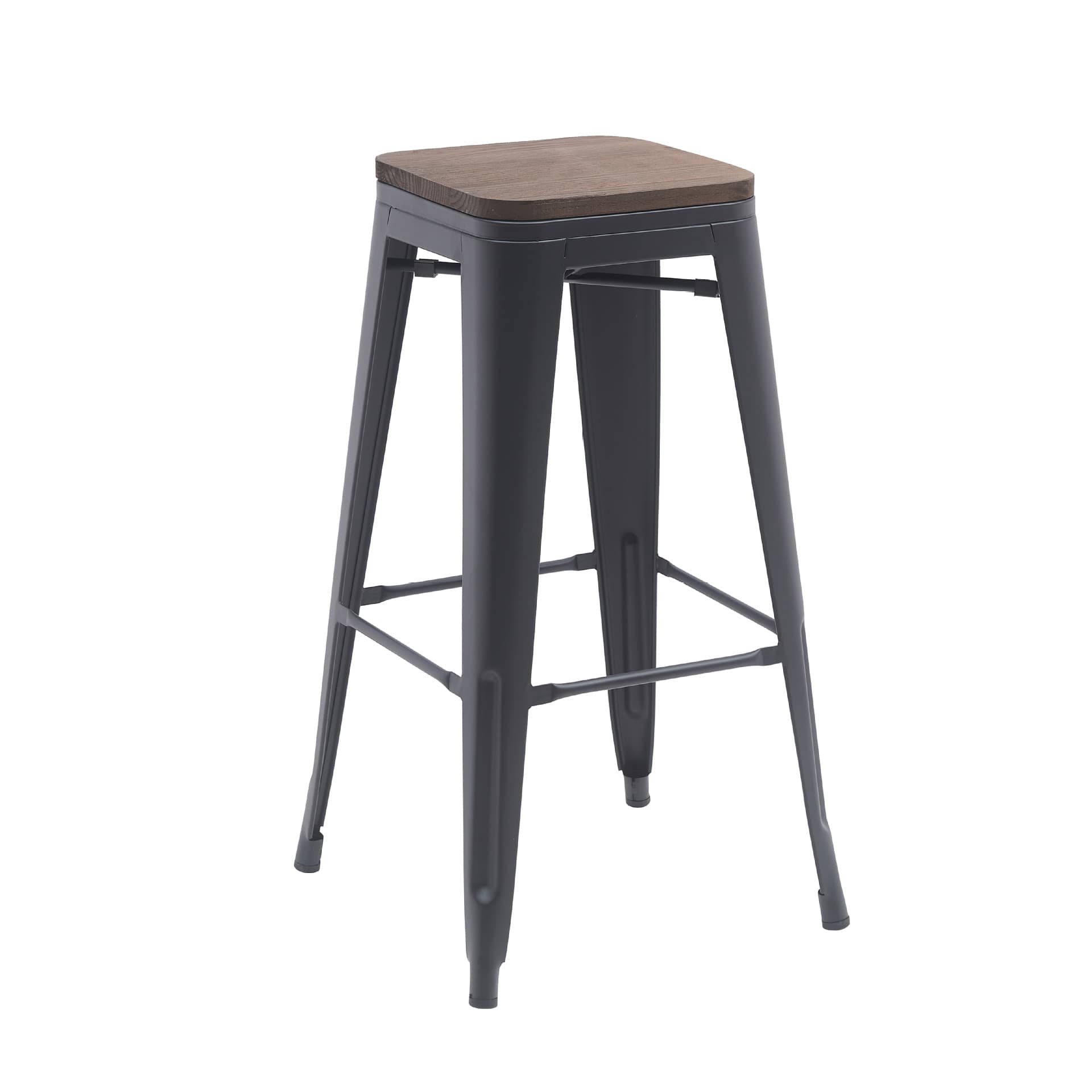 Taburete de bar industrial de metal con asiento de madera estilo Tolix
