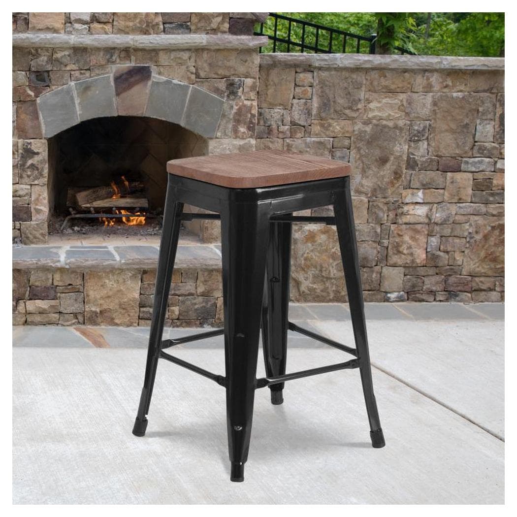 Counter stool STEELX for outdoor use in industrial style - backless - wooden seat - height 61 cm