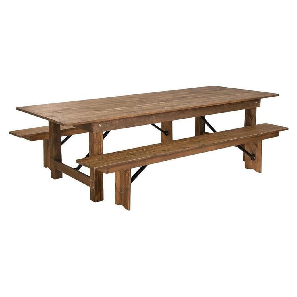 Mesa de granja plegable rústica con 2 bancos - 274 × 102 cm