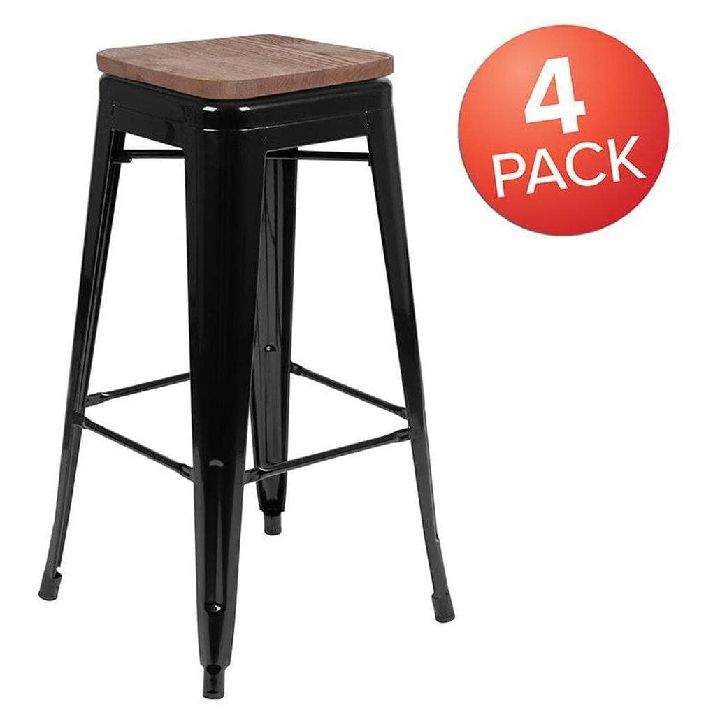 Stackable Indoor Metal Bar Stools with Wooden Seat - Bar Height - Set of 4