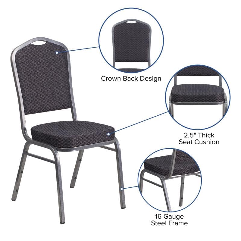 Chaise de banquet empilable TITAN à dossier couronne, tissu noir à motifs, structure silver vein