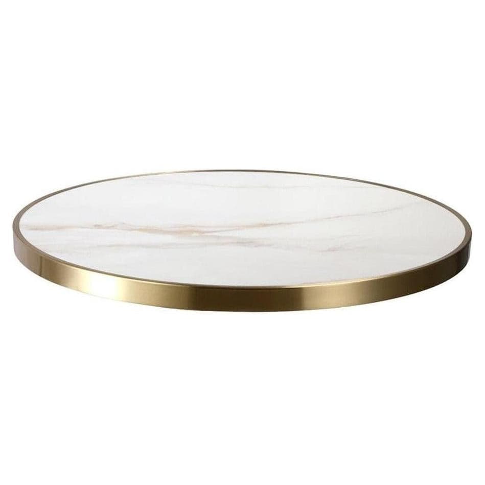 Mesa de piedra sinterizada con mármol blanco de 2,9 cm de espesor con borde dorado.