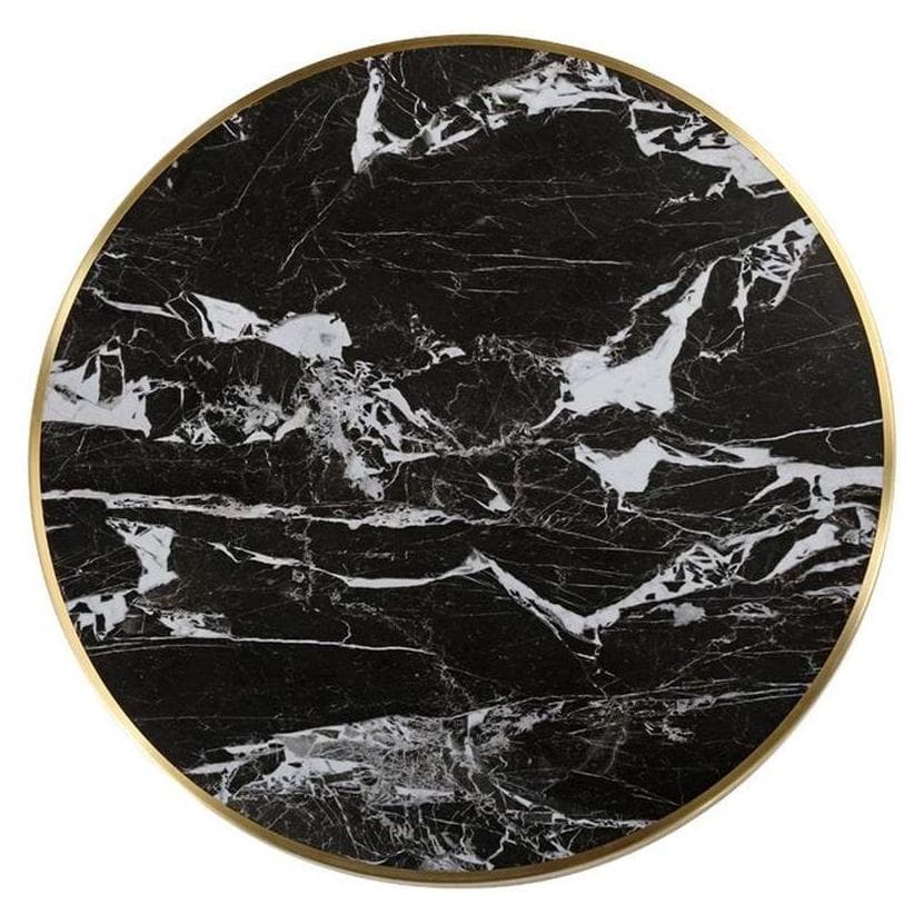 Mesa de piedra frita con vetas blancas marmoladas y borde dorado, grosor de 2,9 cm.