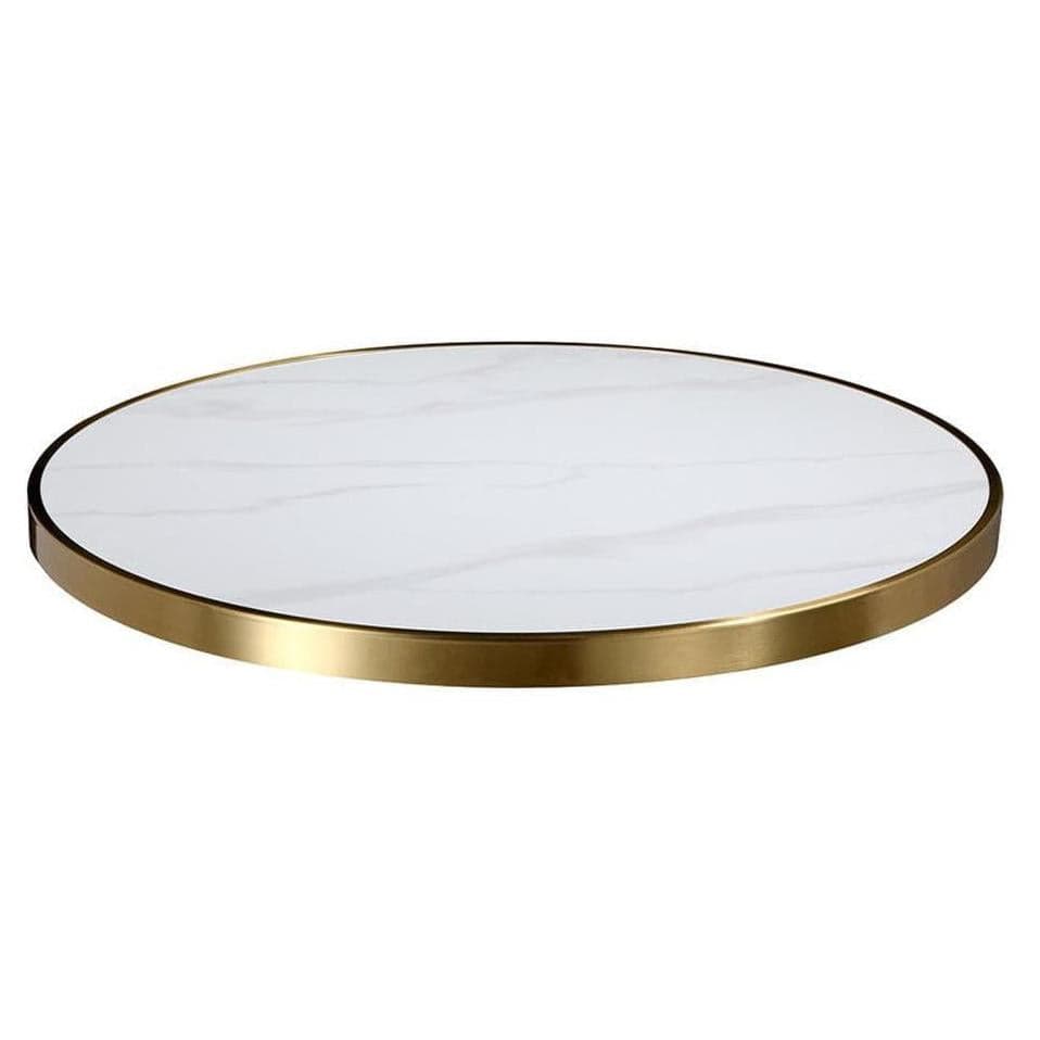 Tabletop made of gray and white thick sintered marble stone with a golden edge, 2.9 cm thick.