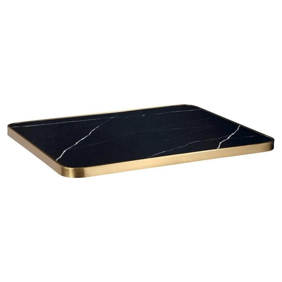 Tabletop in black marble sintered stone with a thickness of 2.9 cm and a golden edge.
