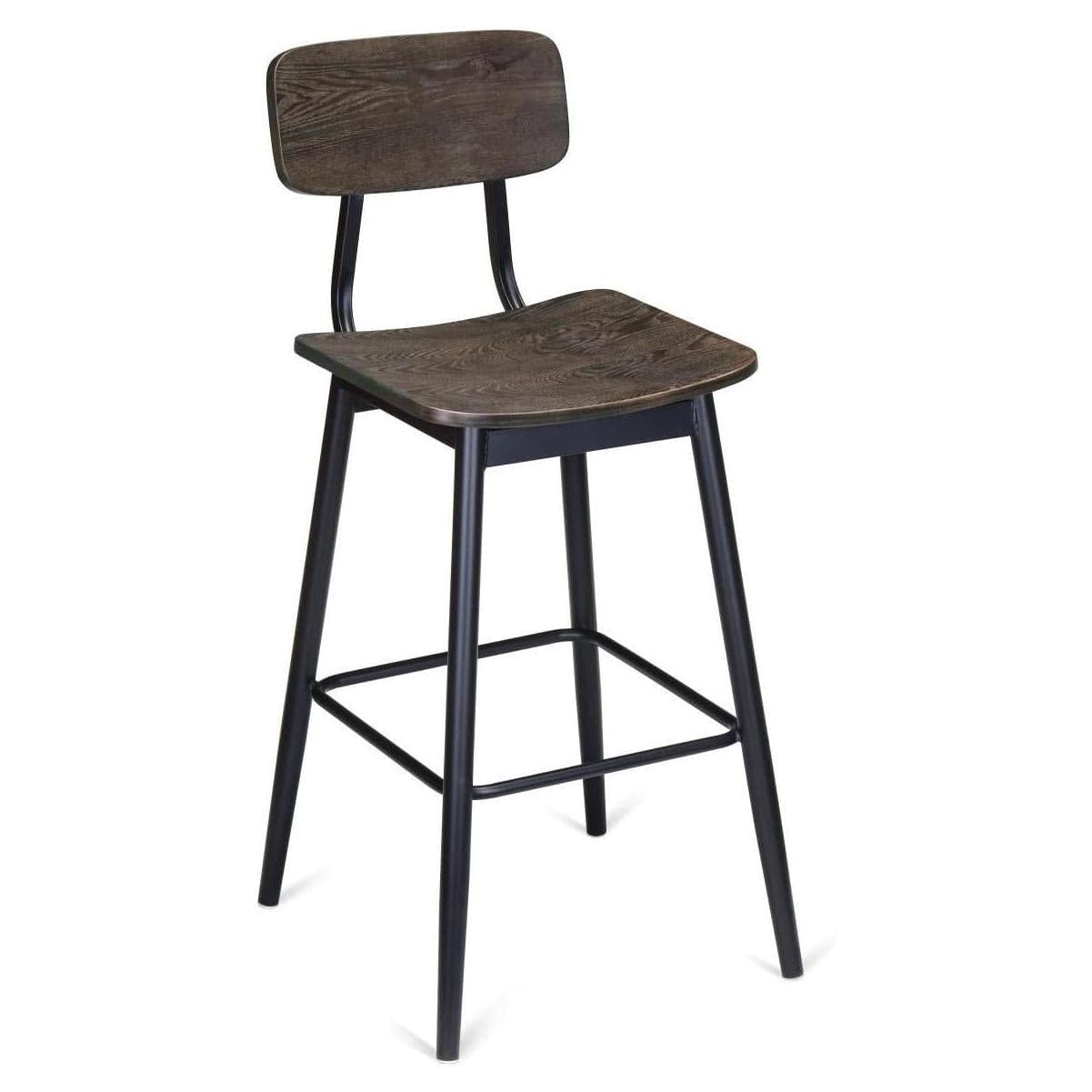 Taburete de bar de metal Basel con asiento y respaldo de madera.