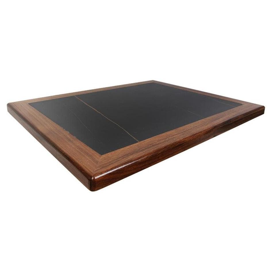 Plateau de table intérieur en pierre frittée noire avec chant bois noyer foncé