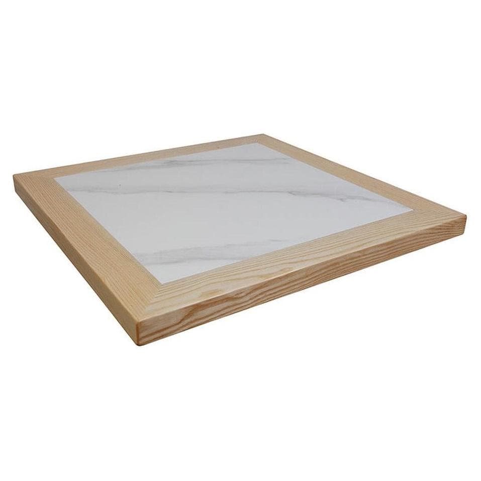 Plateau de table intérieur en pierre frittée effet marbre blanc avec chant bois frêne