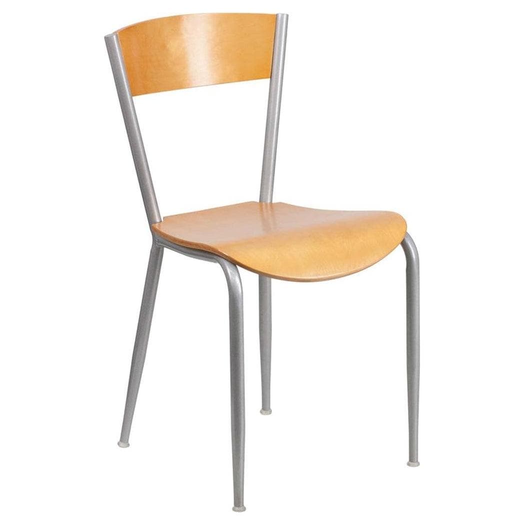 Chaise de restaurant série INVINCIBLE en métal argent avec assise et dossier bois naturel