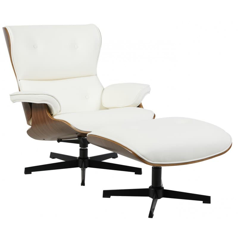 Fauteuil et repose-pieds Hostelbro lounge en similicuir blanc (bois et métal)