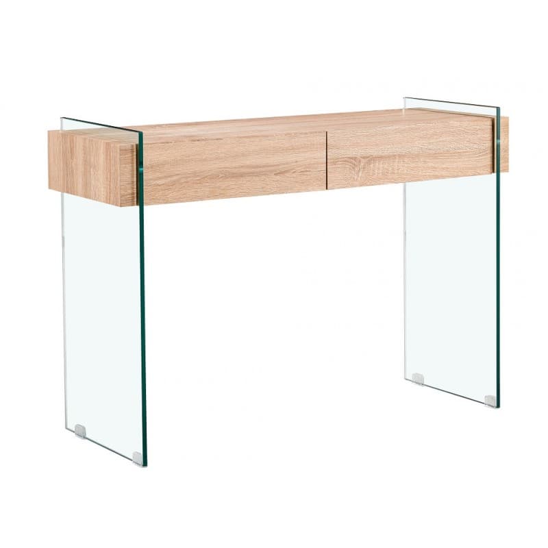 Console Hannah 2 tiroirs en bois avec plateau en verre trempé, 110 x 40 cm