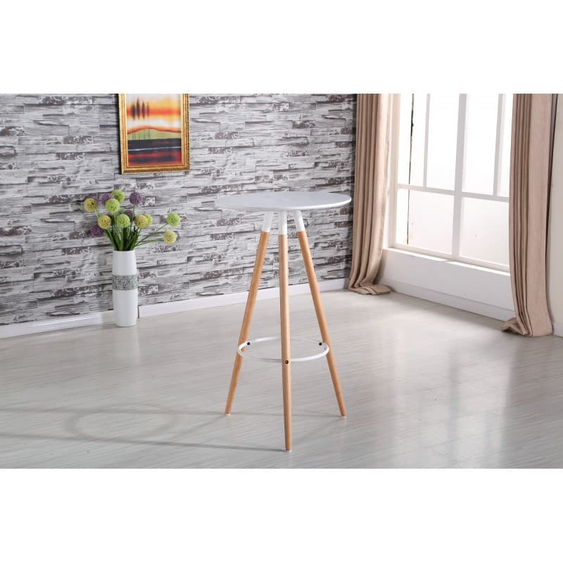Mesa alta Werth NUEVA con tablero blanco Ø 60 cm, patas de madera