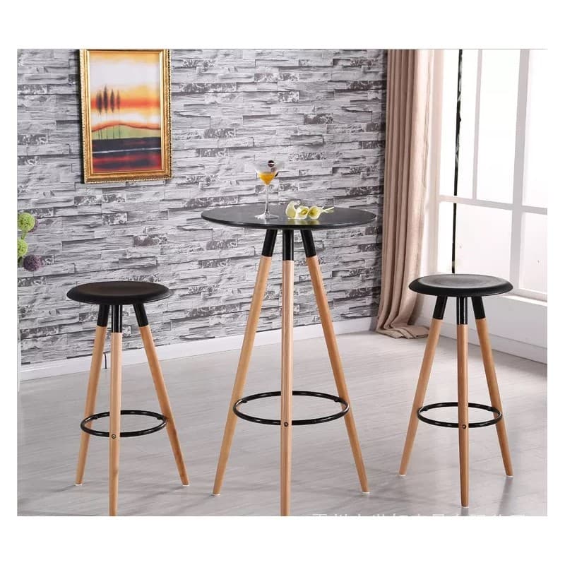 Mesa alta Werth NUEVA base de madera, tablero negro Ø60 cm.