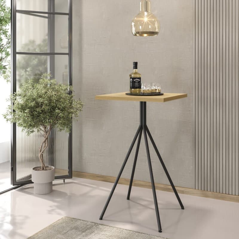 Mesa alta Roca con tablero de MDP, estructura de metal, 60 x 60 cm (metal negro, color miel)