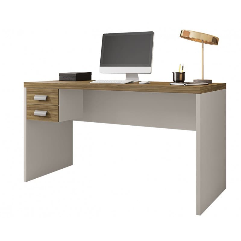 Escritorio Nikoline 136 con tablero laminado y 2 cajones, dimensiones 136 × 60 cm, acabado en miel y cacao.