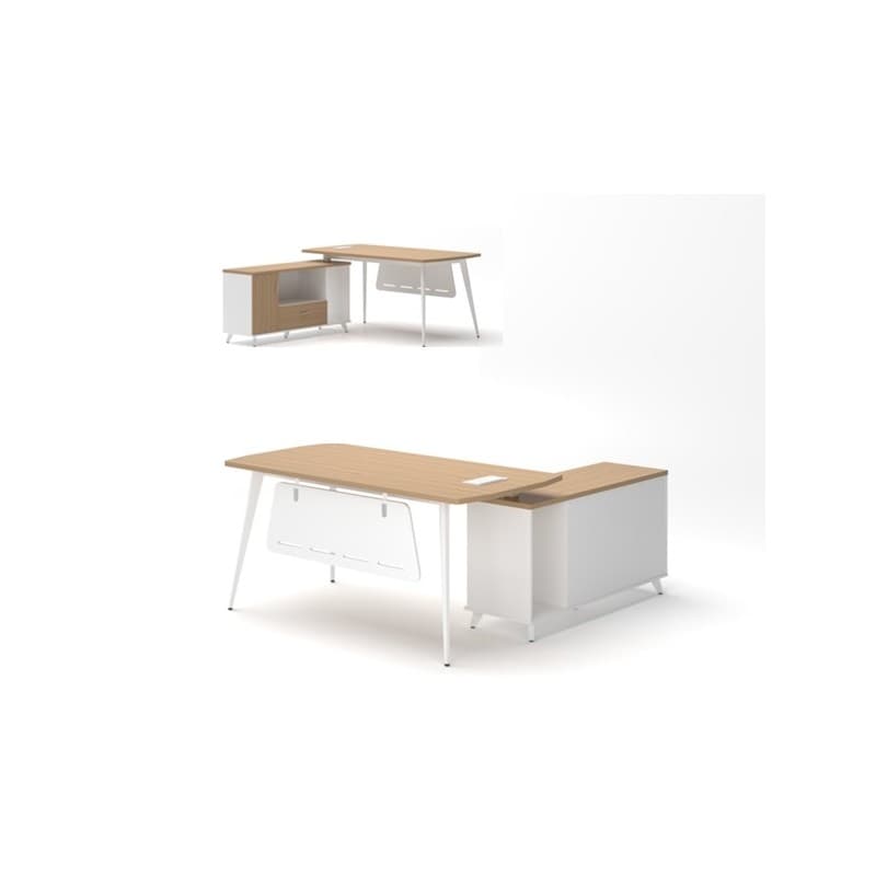 Bureau Dagmar avec meuble d’appoint, dimensions 160 × 174 cm, finition blanc et chêne