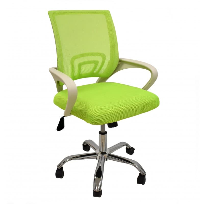 Chaise de bureau Astrida à dossier inclinable en résille, assise en tissu vert et vérin à gaz, structure blanche