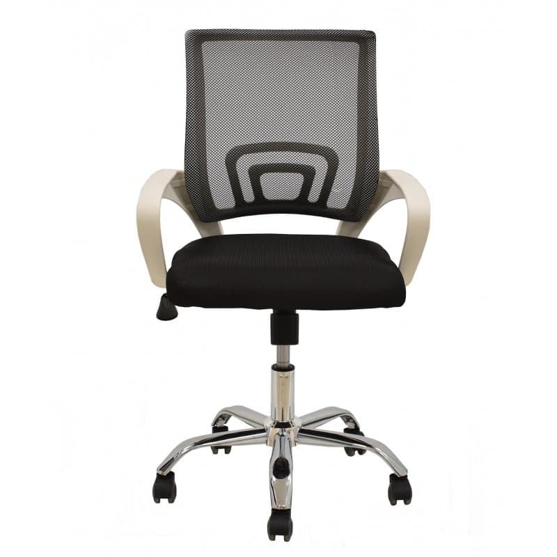 Chaise de bureau Astrida à dossier en résille, accoudoirs blancs, vérin à gaz, mécanisme inclinable, structure noire et assise en tissu noir