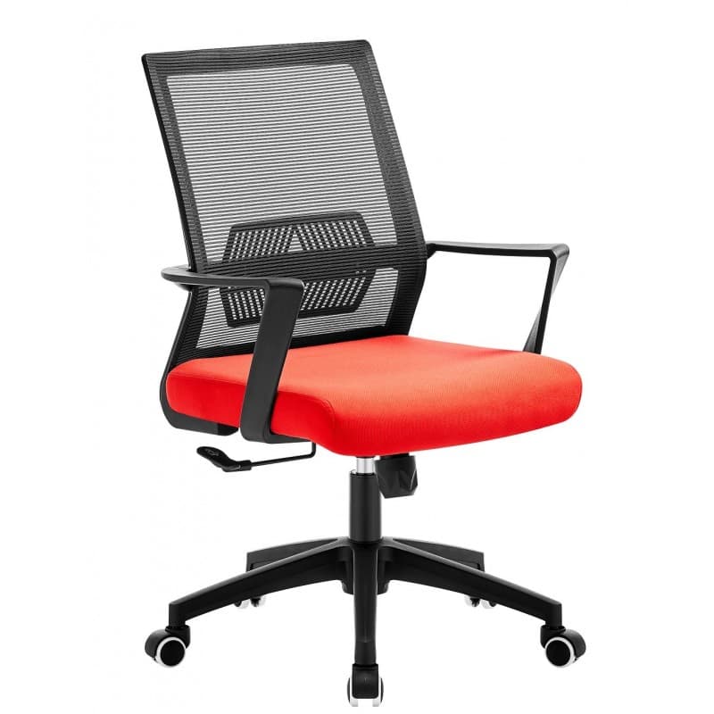Fauteuil de bureau Kora à dossier en maille noire, assise en tissu rouge et structure noire
