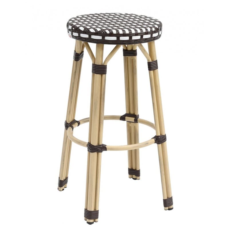 Tabouret de bar Montmartre empilable à structure en aluminium et assise en rotin, finition blanc et brun