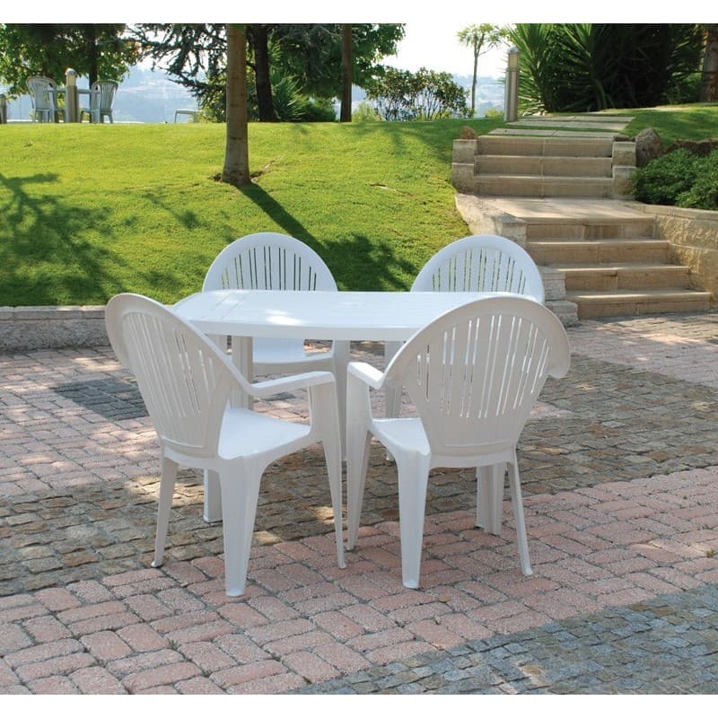 Fauteuil Rille monobloc empilable, modèle économique et facile d’entretien, idéal pour l’extérieur, finition blanche
