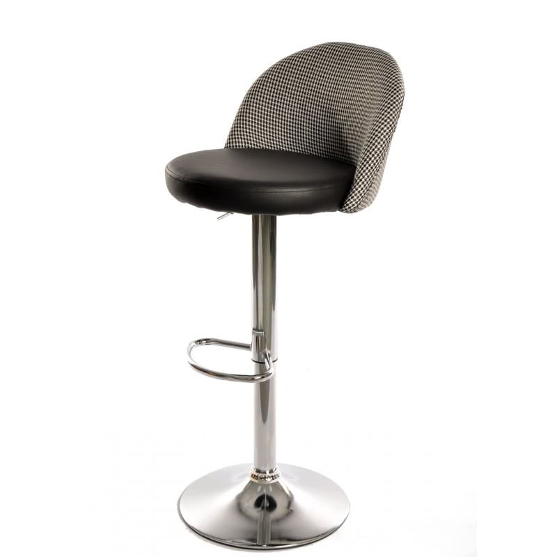 Adjustable Bunden bar stool, chrome base, upholstered seat and backrest in houndstooth and black