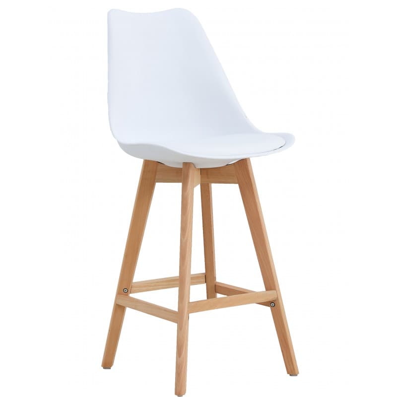 Tabouret de bar Mille, structure en bois, coque en polypropylène et assise rembourrée blanche