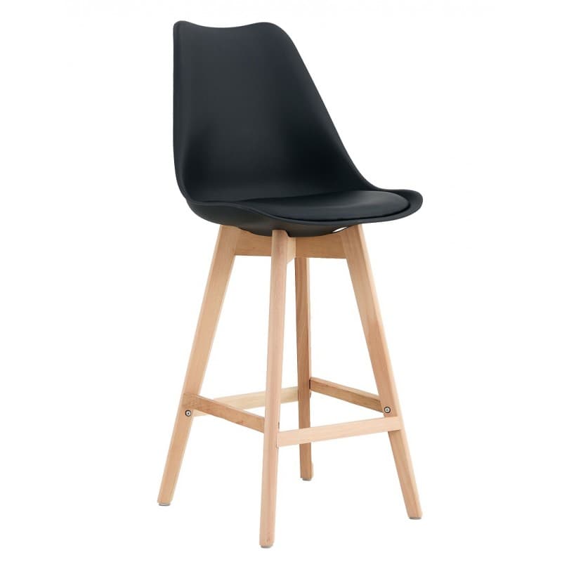 Tabouret de bar Mille, structure en bois, coque en polypropylène et assise rembourrée noire