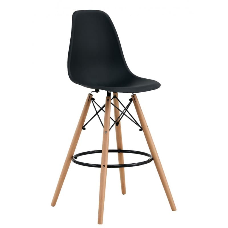 Tabouret de bar Sterjne, piètement en bois, coque en polypropylène noire