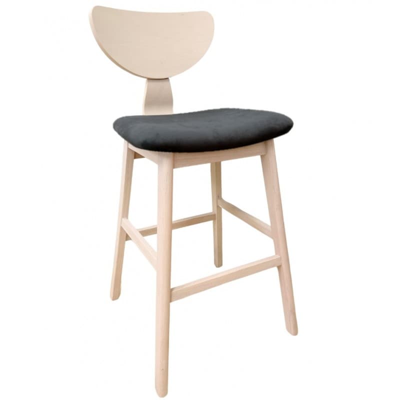 Tabouret de bar Kragh, structure en bois d’hévéa naturel, assise en velours gris foncé