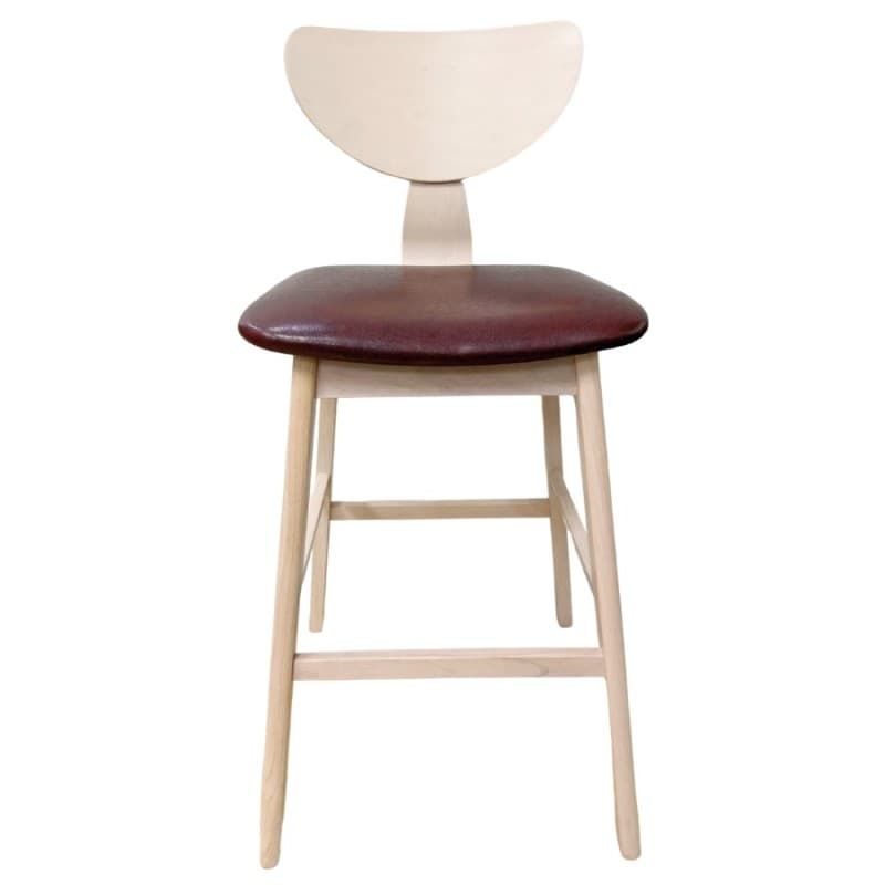 Tabouret de bar Kragh, structure en bois d’hévéa naturel, assise en similicuir marron