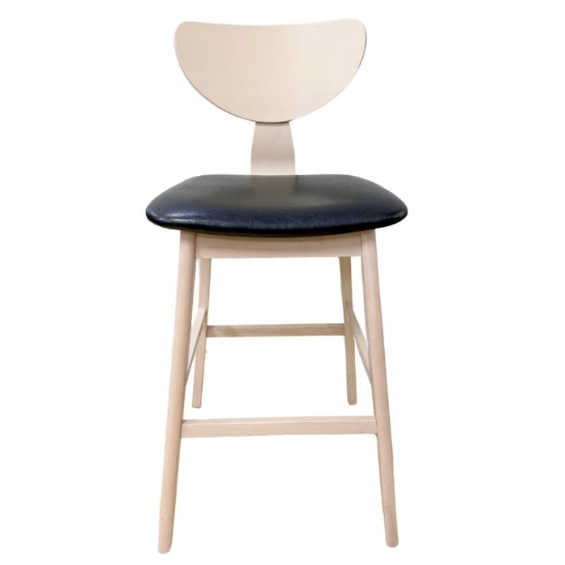 Tabouret de bar Kragh, structure en bois d’hévéa naturel, assise en similicuir noir