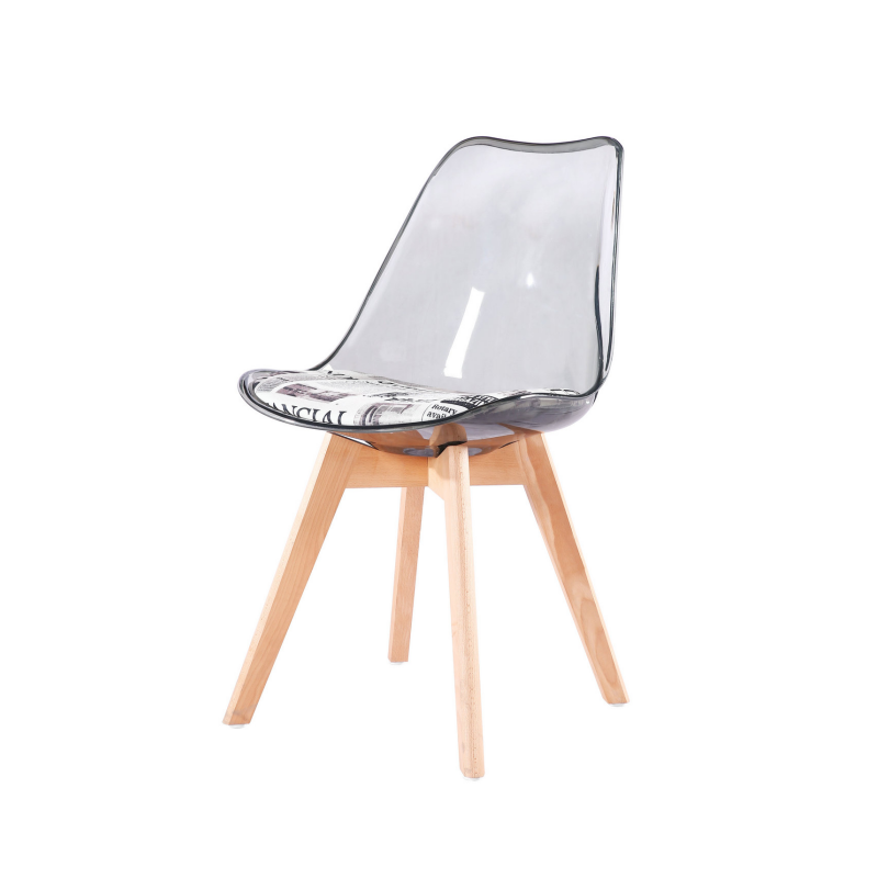 Chaise Mille 4P en bois, assise transparente avec coussin imprimé