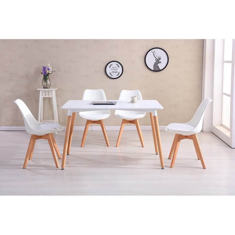 Chaise Mille 4P, structure en bois et coque en polypropylène, assise coussinée blanche