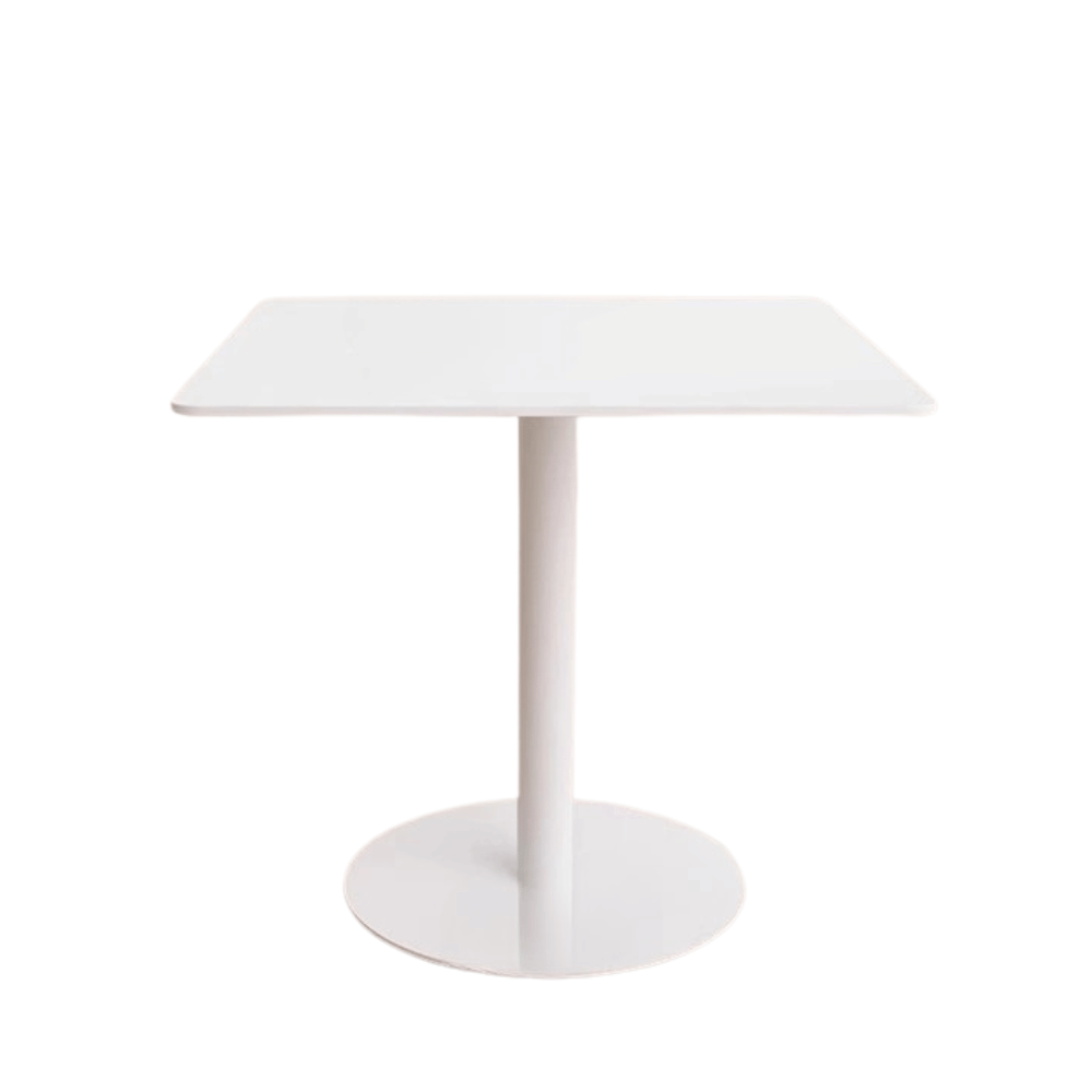 Adriano square dining table in sintered stone with metal disc base