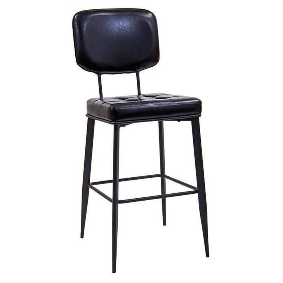 Indoor black metal bar stool with vinyl seat and backrest