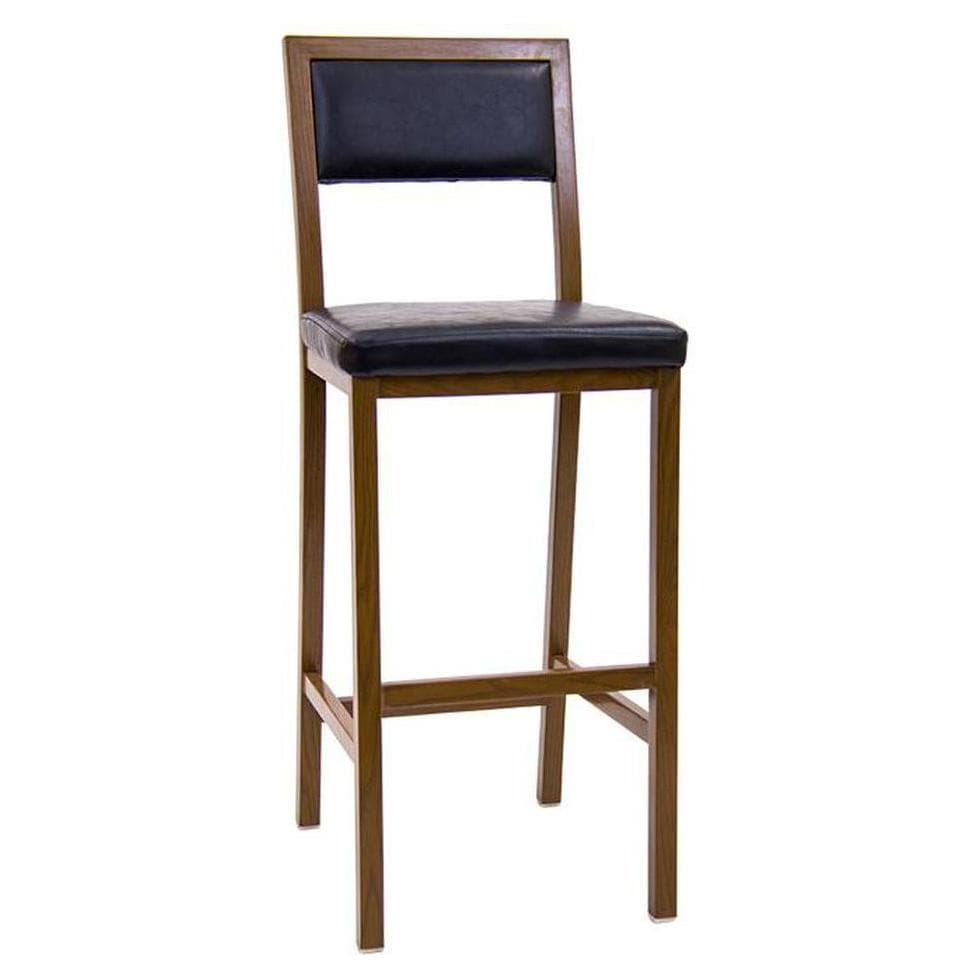 Indoor bar stool in metal with walnut finish and black vinyl seat and backrest.