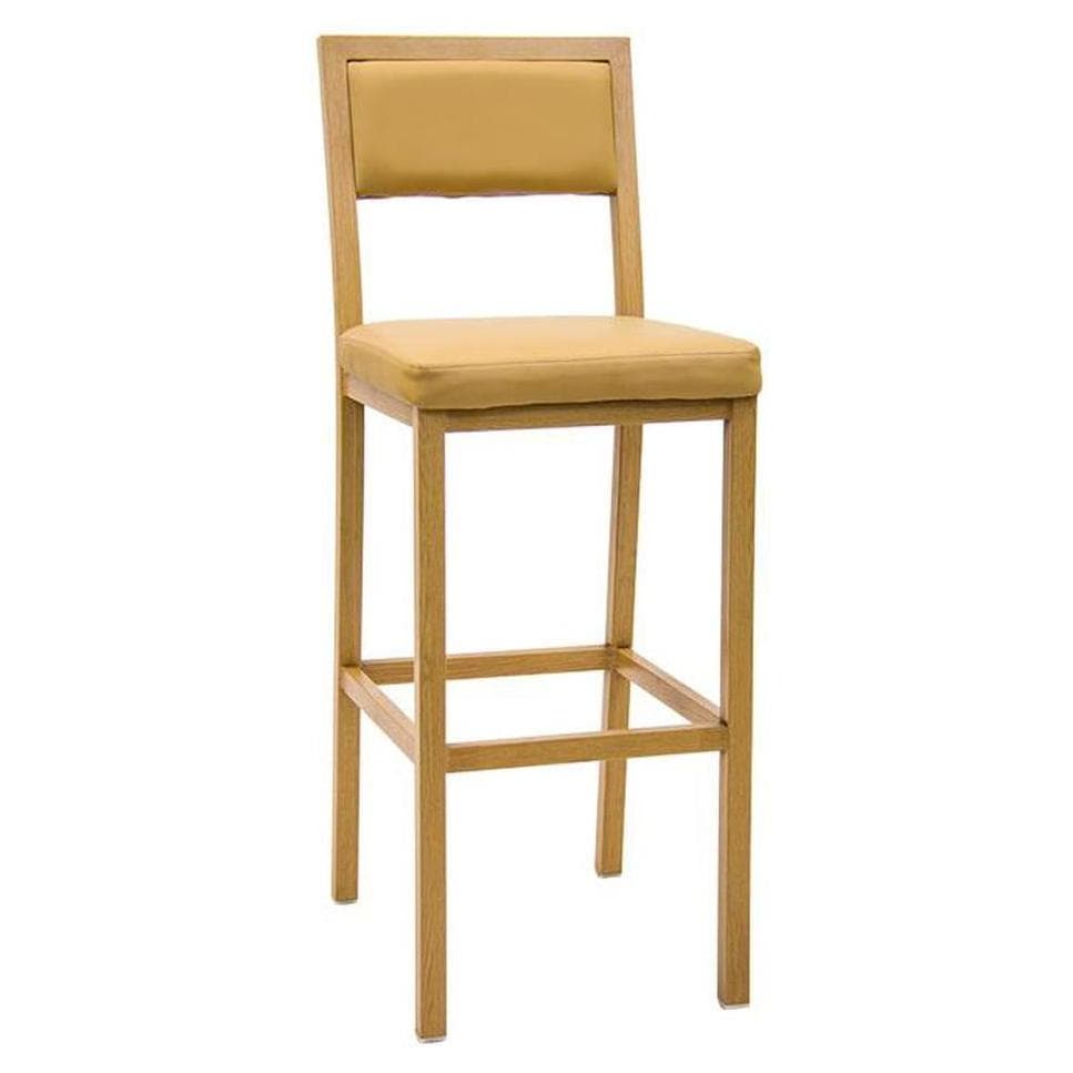 Indoor bar stool in natural finish metal with natural vinyl seat and backrest